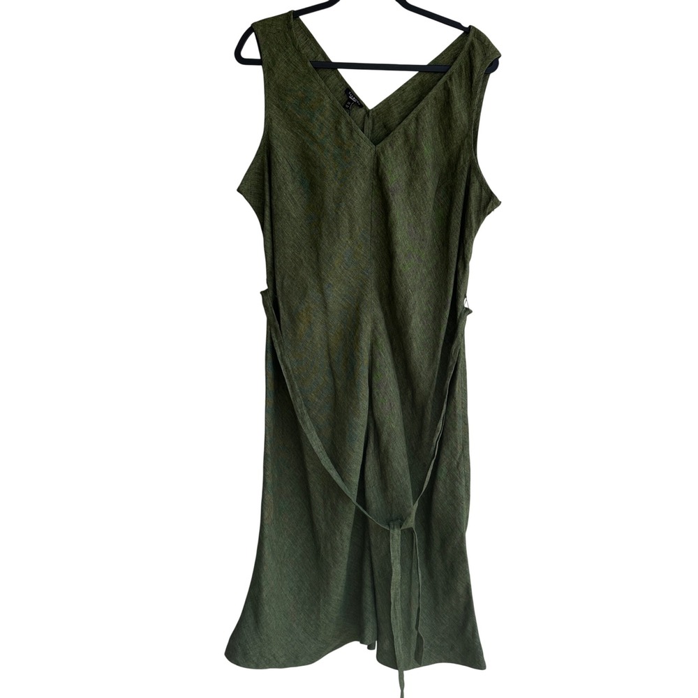 Talbots Olive Green Linen Sleeveless V-Neck Dress Women 20 Waist Tie Lagenlook